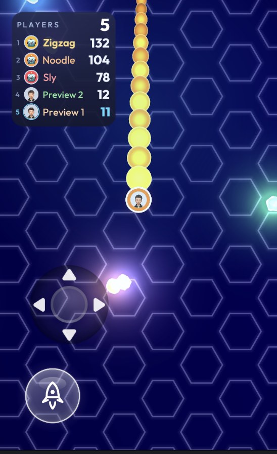 Five in one session: three host-simulated bots and two live players, ranked purely on orbs eaten